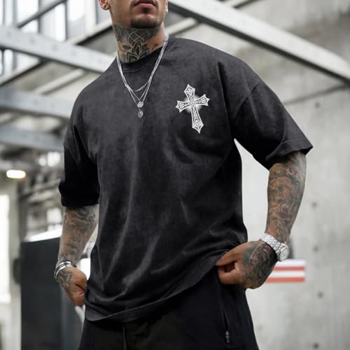 Vintage Goth Punk Shirts for Men Grunge Streetwear Oversized Tshirts Gothic Cross Graphic Tees Y2k Acid Wash T Shirt - color: Black, size: XX-Large