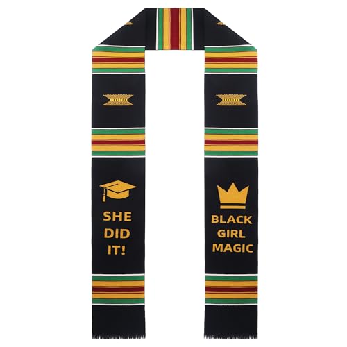 Black Girl Magic Graduation Stole She Did It, Kente Graduation Stole Class of 2026, Authentic Kente Pattern She Did It, Unisex Adult African Art Kente Vibrant Colors Sash Stole Scarf 70 Inches Long