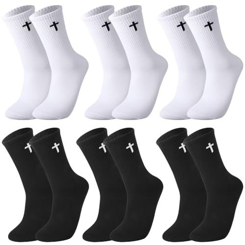 6 Pairs Cross Socks for Men US 7-9 Christian Pastor Crew Socks - color: Black, White