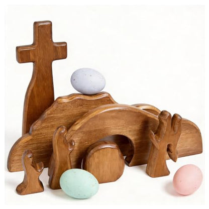 DZX The Empty Tomb Easter Scene and Cross, Wooden Easter Resurrection Scene Cross Jesus Tomb Tray Set, Jesus Nativity Scene Decor for Religious,Christian Gifts,Home Office Tabletop. (A)