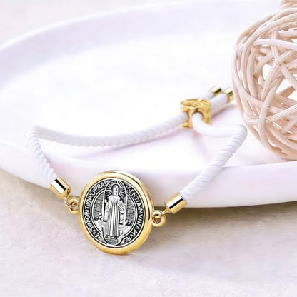 Catholic Bracelets St. Benedict Bracelet Red Rope Double Hole Pendant Couple Woven Bracelets Adjustable Black Bracelet - color: White