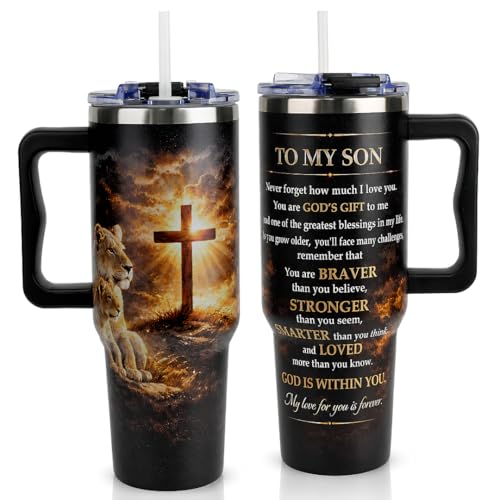 To My Son Gifts from Mom, Fathers Day Gift For Son, Graduation Birthday Gifts For Son, 40 Oz Coffee Tumbler With Handle, Adult Son Coffee Mug, Christian Lion Cross - color: Gifts for Son