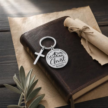 Cross Keychain Bible verse Stainless Steel Round Engraved