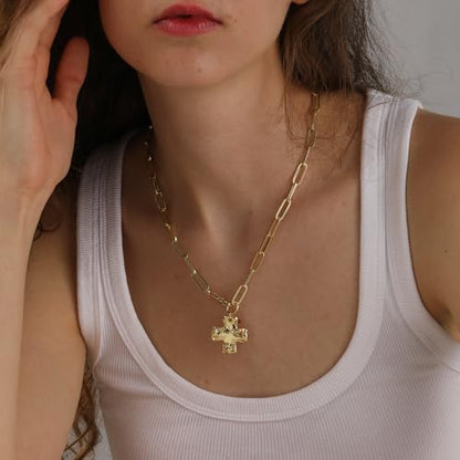 Chunky Cross Necklace for Women, 14K Gold Silver Pendant Necklace - color: Gold-Lobster Clasp-1 inch pendant