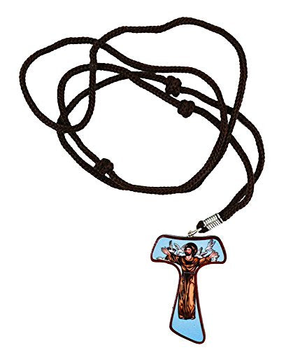 Catholica Shop Saint Francis Wooden Tau Cross Rope Necklace - 1.6 Inch - style: Color Picture