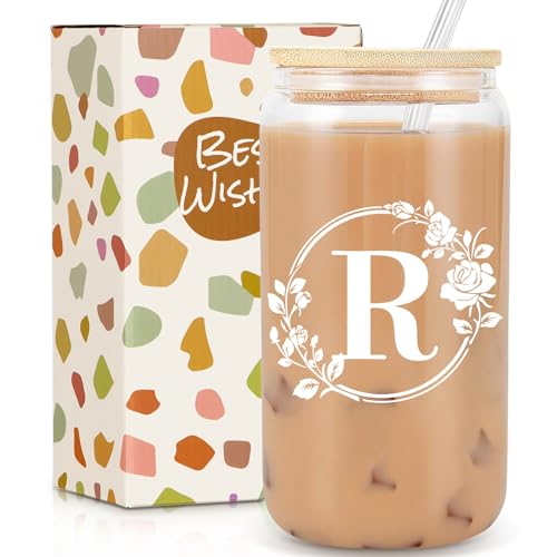 Birthday Gifts for Women, Monogrammed Initial Glass Cup Personalized Gifts for Women, 16oz Glass Cups with Lids and Straws, Iced Coffee Cup, Beer Can Shaped Glass - Gifts for Mothers Day, Christmas, R - style: R