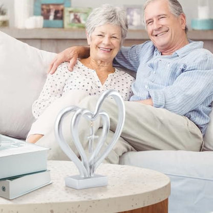 Double Heart Sculpture, Romantic Resin Sculpture of Two Hearts and Cross for Table Shelf Ornaments, Double Heart Figurines for Valentines Anniversary Wedding Couple Gift(COLOR:silver)