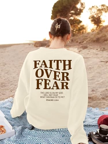 FRYAID Christian Sweatshirt Women Faith Over Fear Christian Religious Sayings Pullover Shirt Letter Print Long Sleeve Tops - color: B-apricot, size: Medium