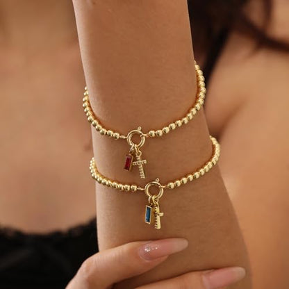 Korotho Cross Birthstone Bracelet for Women - Dainty Elastic 14K Gold Plated Bead Bracelets Trendy Waterproof Non Tarnish Birthday Jewelry Gifts Birthday Christmas Stocking Stuffer for Mom Friends - color: 09-September(Sapphire)
