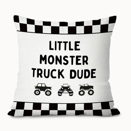 Little Monster Truck Dude Pillow Covers 18x18 Room Decor, Boys Room Throw Pillows,Black and White Checkered Toddler Playroom Decor for Kids Room Nursery Baby Boys Toy Room Bedroom Sofa Couch - color: Car