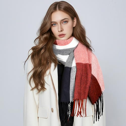 Clothirily Womens Winter Scarf, Oversized Long Blanket Plaid Shawl Wrap - color: Red Blue Lattice