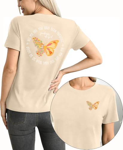 Christian Shirt for Women :Butterfly Graphic Shirts Bible Verse Tshirt Good Ness of God Tee Tops - color: Beige, size: Small