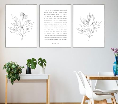 Psalm 121 Christian Wall Art, 3 Piece Unframed Botanical Prints, 12x16 - color: Bible Verses on Flowers, size: 16"L x 12"W