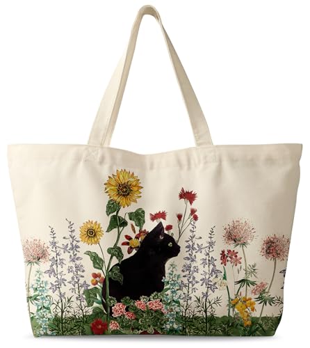 Miss Adola Large Tote Bag for Women - Canvas Tote Bag with Zipper Aesthetic Reusable Shoulder Bag for Gym, Travel, Work - style: Grass Cat