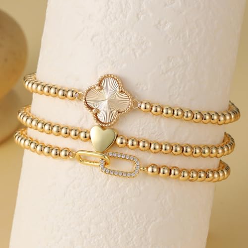 GINAZAL Gold Bead Bracelet for Women, Hypoallergenic Fade-Resistant | Brass | 14K Gold |Cubic Zirconia - color: Clover