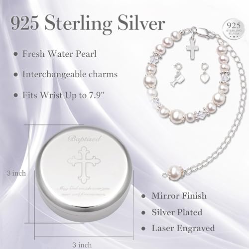 Tryuunion Baptism Bracelet in 925 Sterling Silver and Cultured Pearls for Baby Girls, Comes with a Unique Silver-plated Jewelry Keepsake Box, Christening and Baptism Gifts For Girl, Includes 3 Charms - style: Complete Set
