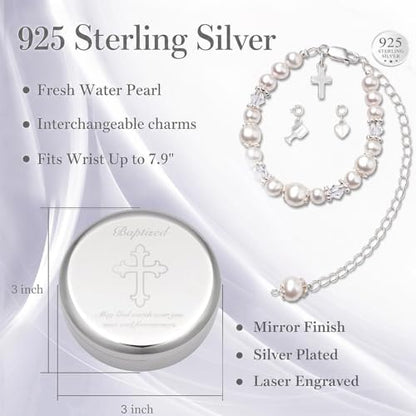 Tryuunion Baptism Bracelet in 925 Sterling Silver and Cultured Pearls for Baby Girls, Comes with a Unique Silver-plated Jewelry Keepsake Box, Christening and Baptism Gifts For Girl, Includes 3 Charms - style: Complete Set