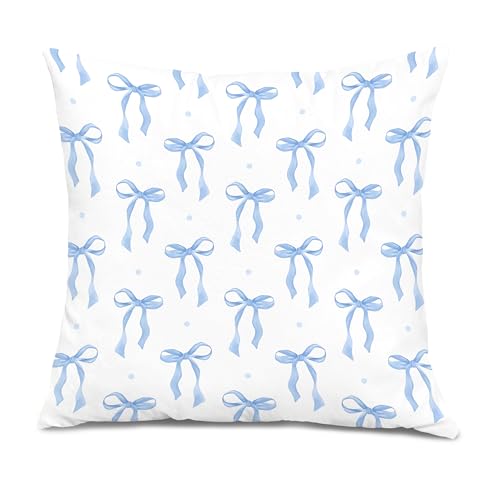 Coquette Blue Bow Pillow Covers 18x18, Coquette Girly Room Decor, Preppy Blue Striped Aesthetic Ribbon Bow Decorative Throw Pillow Covers for Girls Bedroom Dorm Apartment Home - color: Colour 03