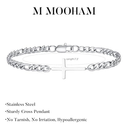M MOOHAM Cross Bracelet for Men, Silver/14K Gold Plated Mens Bracelet - color: Silver Plated Figaro Chain-7.5Inch