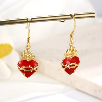 925 Sterling Silver Sacred Heart of Jesus Earrings Drop Earrings for Women