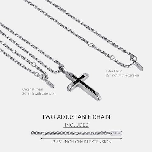 Stainless Steel Cross Necklace for Men with Adjustable Box Chain Christian Cross neckalce Gift - color: Black-Silver