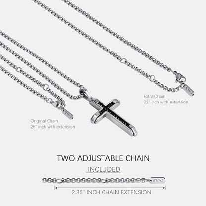 Stainless Steel Cross Necklace for Men with Adjustable Box Chain Christian Cross neckalce Gift - color: Black-Silver