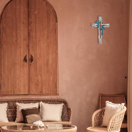 Layered Faux Driftwood Cutout Wall Cross - Resin Rustic Turquoise Crucifix