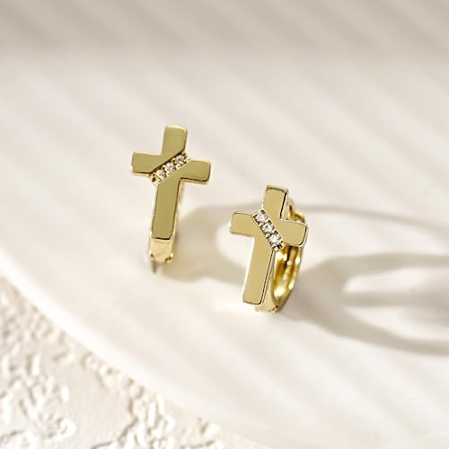 14K Gold Cross Huggie Earrings for Women Hoop Small Cross Earring - color: Gold Cross Hoop Earring