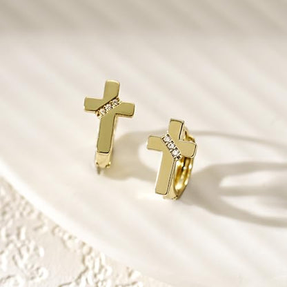 14K Gold Cross Huggie Earrings for Women Hoop Small Cross Earring - color: Gold Cross Hoop Earring