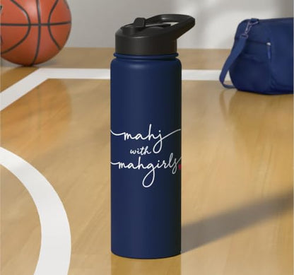 Mahjong With MahGirls Elegant Script Heart Stainless Steel Insulated Water Bottle - color: Navy Blue