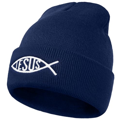 Christian Jesus Fish Beanie Hat for Men Women, Cuffed Beanie Jesus Hats, Religious Gifts for Christmas, New Years - color: Navy Blue, style: Jesus Fish