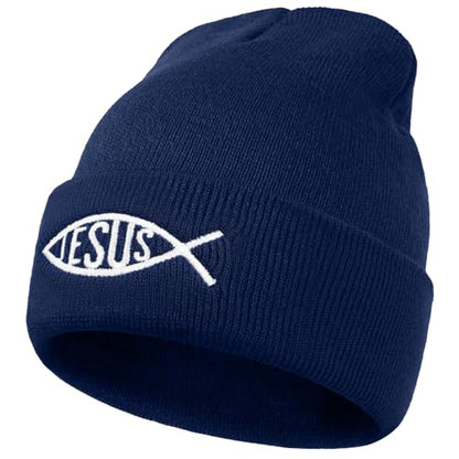 Christian Jesus Fish Beanie Hat for Men Women, Cuffed Beanie Jesus Hats, Religious Gifts for Christmas, New Years - color: Navy Blue, style: Jesus Fish