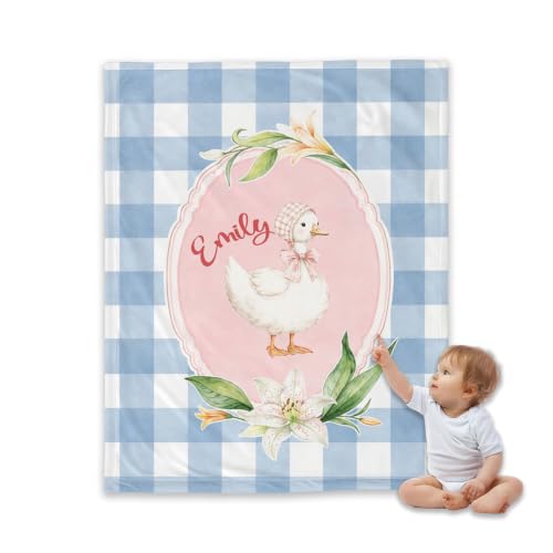 Personalized Goose Baby Blanket, Blue Gingham Nursery Throw Gift - color: #Ver2