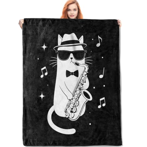 Funny Cat Playing Saxophone Blanket Gifts for Women Kids - color: Funny Cat, size: 40"x50"