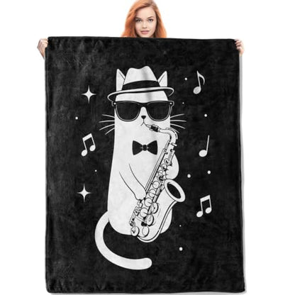 Funny Cat Playing Saxophone Blanket Gifts for Women Kids - color: Funny Cat, size: 60"x80"