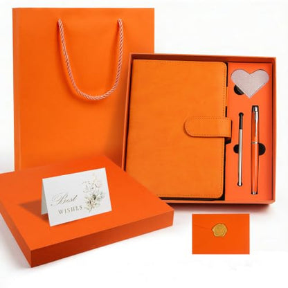 A5 Leather Journal for Women Men, Hardcover Notebook Set with Pen, orange - color: orange