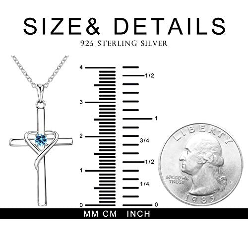 AmorAime 925 Sterling Silver Cross Necklace for Women Men 14K Gold Plated 5A CZ Birthstone Necklaces for Holiday - color: C.Blue-March