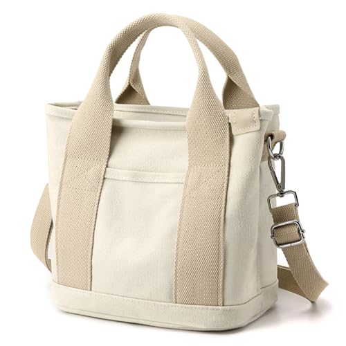 Canvas Tote Bag for Women,Small Totes Bags with Zipper Crossbody Purse with Pockets Large Shoulder Handbag,2 Sizes - color: Beige, size: Small