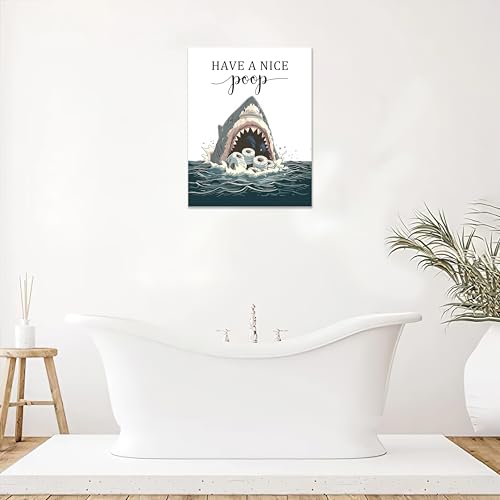 Shark Funny Ocean Bathroom Wall Art - Canvas Print Painting Modern Home Artwork Decor 16"x20" Framed - color: Shark Bathroom, size: 20"L x 16"W
