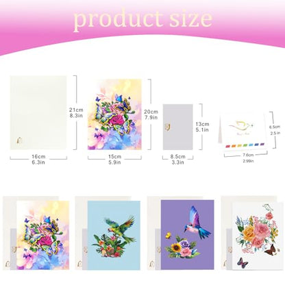 Magic Ants Pop Up Card Set for Women – 4 Pack 3D Greeting Cards with Butterflies, Flowers & Parrot – Birthday, Thank You, Get Well, Sympathy, Concelence, All Occasion – Includes 4 Envelopes & 4 Blank Notecards - color: Hummingbird Floral Butterfly Parrot