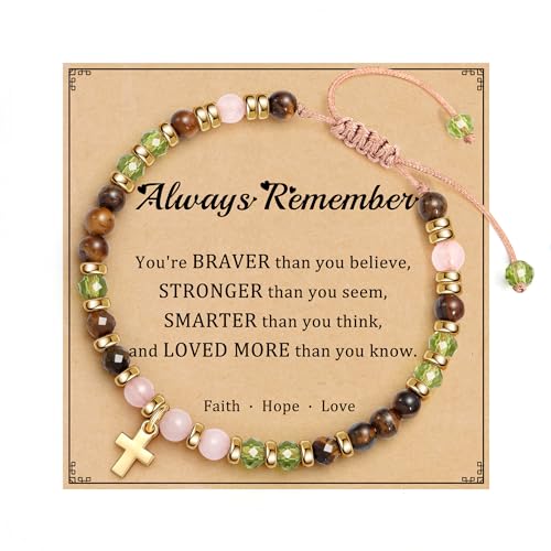 Cross Bracelets for Women Girls, Christian Gifts for Women Natural Stone Beaded Bracelets First Communion Confirmation Baptism Gifts Catholic Easter Christmas Inspirational Gift Jewelry - color: Brown - Always Remember