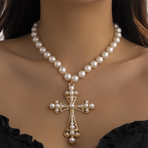 Pearl Cross Necklace Big Cross Pendants Necklaces for Women Chunky Pearl Necklace Gothic Cross Necklace Punk Vintage Cross Jewelry Women - style: Punk