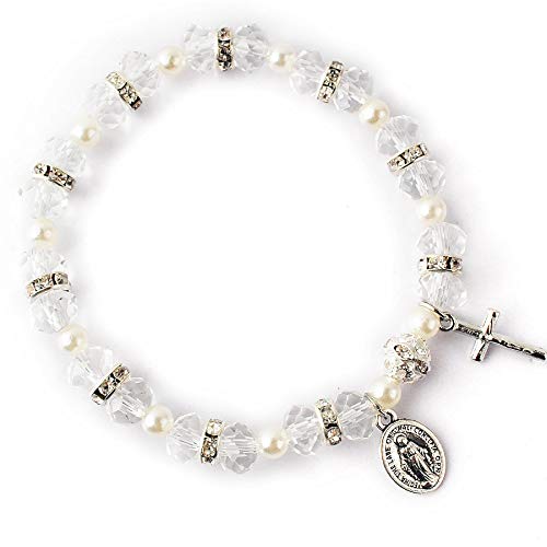 HanlinCC Women's Stretch Rosary Bracelet Beaded Crucifix & Miraculous Medal - color: White