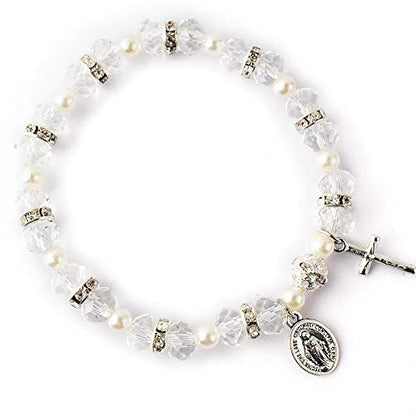 HanlinCC Women's Stretch Rosary Bracelet Beaded Crucifix & Miraculous Medal - color: White