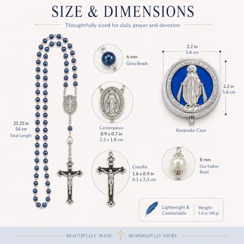 Catholic Pearl Cross Rosary Necklace — Ideal for Baptism, Prayer, Devotion — 6mm Glass Beads & 8mm Our Father Beads w/Caps, Miraculous Jewelry Box – Perfect Religious Gift for Women, Men - color: Blue