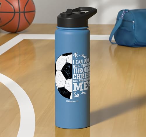 Christian Soccer Faith Graphic Bible Verse Philippians 4:13 Stainless Steel Insulated Water Bottle - color: Light Blue