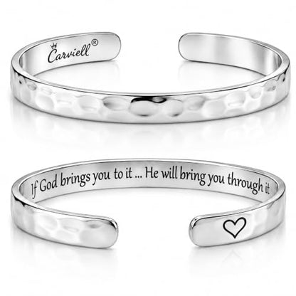 Carviell Bracelets for Women – 100+ Meaningful Engraved Messages – Solid 316L Surgical Stainless Steel Cuff Bracelet – Gift Ready - color: CHRISTIAN GIFT - If God brings you to it.. He will bring you through it. - SILVER