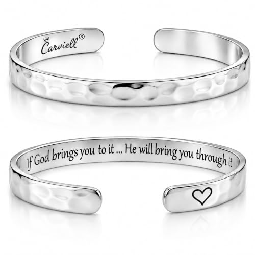 Carviell Bracelets for Women – 100+ Meaningful Engraved Messages – Solid 316L Surgical Stainless Steel Cuff Bracelet – Gift Ready - color: CHRISTIAN GIFT - If God brings you to it.. He will bring you through it. - SILVER