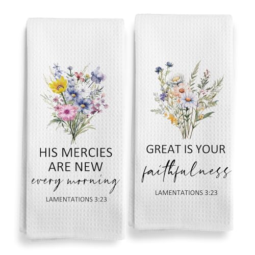 Christian Religious Gifts for Women, Christian Floral Kitchen Towels, Religious Scripture Bible Verse Kitchen Tea Towels Decorative Set, Lamentations 3 23 Scripture Hand Dish Towels 16x24in - color: White-morning