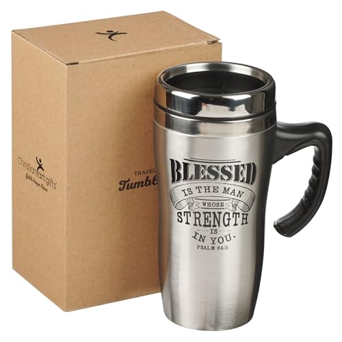 Christian Art Gifts Stainless Steel Travel Mug Double-Wall Vacuum Insulated Coffee Cup with Lid and Handle 16 oz BPA-free Lead-free Eco-Friendly Mug - Blessed Is The Man - Psalm 84:5 - color: Brushed Steel - Blessed Is The Man